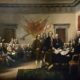 Declaration of Independence painting by John Trumbull depicting the five-man drafting committee, left to right: John Adams, Roger Sherman, Robert Livingston, Thomas Jefferson, Benjamin Franklin of the Declaration of Independence presenting their work to the Congress. The original hangs in the U.S. Capitol rotunda.