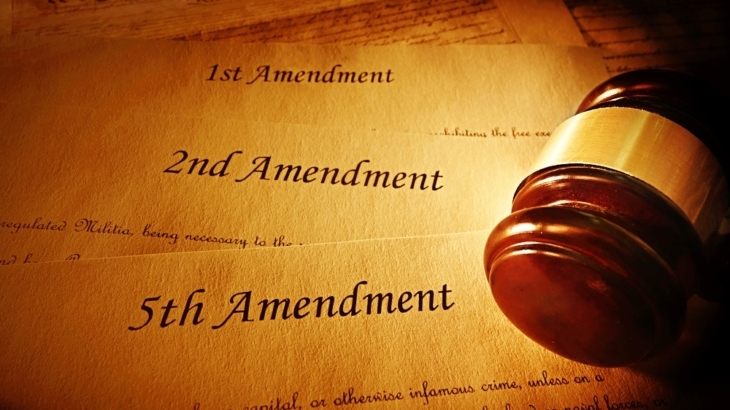 Fifth, Second and First Constitutional Amendments with gavel