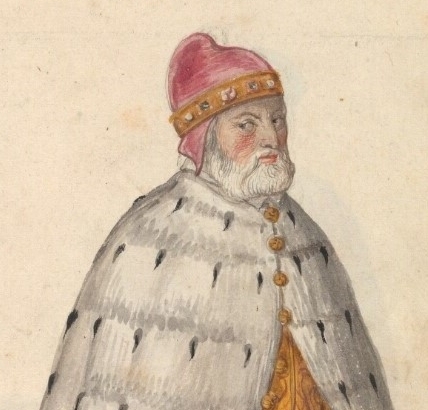 The Doge of Venice, illustrated in the manuscript Théâtre de tous les peuples et nations de la terre avec leurs habits et ornemens divers, tant anciens que modernes, diligemment depeints au naturel. Painted by Lucas d'Heere in the 2nd half of the 16th century. Preserved by the Ghent University Library.