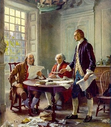 Writing the Declaration of Independence, 1776. Benjamin Franklin, John Adams, and Thomas Jefferson working on the Declaration, a painting by Jean Leon Gerome Ferris, 1900