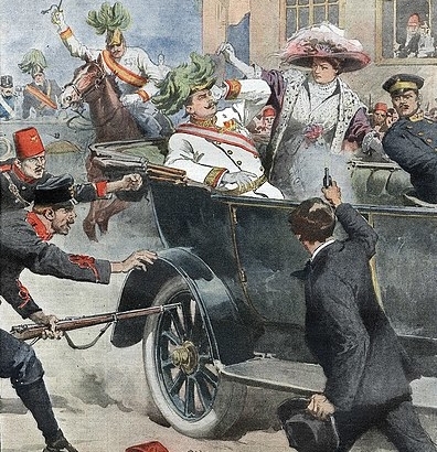 Domenica del Corriere, Italian newspaper, drawing by Achille Beltrame depicting Gavrilo Princip assassination of Archduke Franz Ferdinand of Austria & his wife Sofie, in Sarajevo, Bosnia, June 28, 1914.