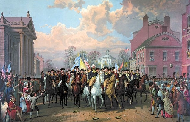 George Washington enters NY City at British evacuation, Nov. 1783 after American Rev. War.