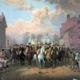 George Washington enters NY City at British evacuation, Nov. 1783 after American Rev. War.