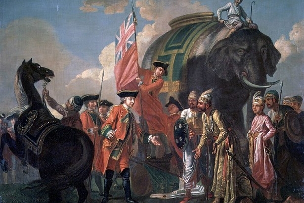 Lord Clive mtg w/ Mir Jafar after Battle of Plassey, 1757, est East India Co as a military & commercial power, considered beginnings of British Empire. Painting by Francis Hayman, circa 1760