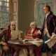 Writing the Declaration of Independence, 1776. Benjamin Franklin, John Adams, and Thomas Jefferson working on the Declaration, a painting by Jean Leon Gerome Ferris, 1900