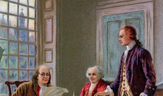 Writing the Declaration of Independence, 1776. Benjamin Franklin, John Adams, and Thomas Jefferson working on the Declaration, a painting by Jean Leon Gerome Ferris, 1900