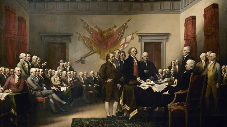 Signing of the Declaration of Independence by John Trumbull, displayed in the United States Capitol Rotunda.