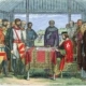 King John signing Magna Carta, 1215. Depicted is a signature, though typically an official seal would be affixed. Illustration by James William Edmund Doyle, 1864.