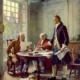 Writing the Declaration of Independence, 1776. Benjamin Franklin, John Adams, and Thomas Jefferson working on the Declaration, a painting by Jean Leon Gerome Ferris, 1900
