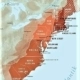 Thirteen colonies in North America: political organization and location of individual colonies. Dark Red = New England Colonies. Bright Red = Middle Atlantic Colonies. Red-brown = Southern Colonies. Color indicated = area of today's states. Richard Zietz