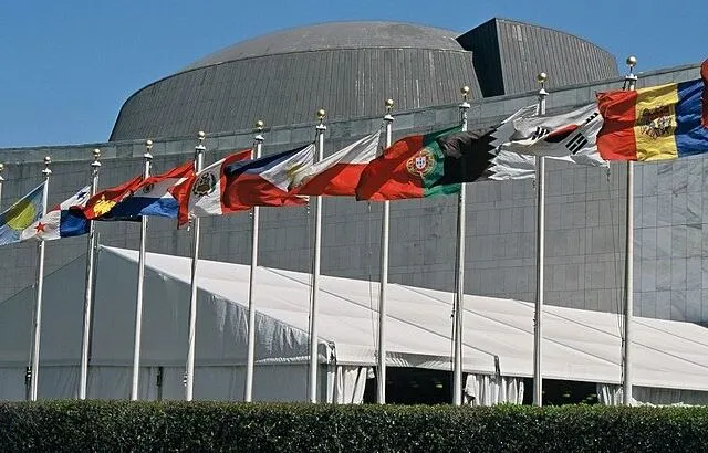 Flags of the member states, UN Headquarters, New York; photo credit: Aotearoa