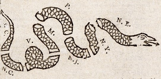 Benjamin Franklin’s editorial cartoon entitled “Join or Die” depicting protection and unity of the colonies, May 9, 1754, Pennsylvania Gazette