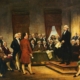 “Washington as Statesman at the Constitutional Convention” a painting depicting George Washington presiding over the Constitutional Convention of 1787, by Junius Brutus Stearns.