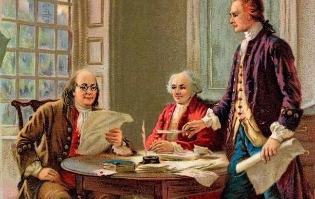 Writing the Declaration of Independence, 1776. Benjamin Franklin, John Adams, and Thomas Jefferson working on the Declaration, a painting by Jean Leon Gerome Ferris, 1900