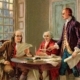 Writing the Declaration of Independence, 1776. Benjamin Franklin, John Adams, and Thomas Jefferson working on the Declaration, a painting by Jean Leon Gerome Ferris, 1900