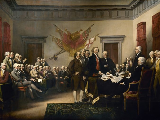 Declaration of Independence painting by John Trumbull depicting the five-man drafting committee, left to right: John Adams, Roger Sherman, Robert Livingston, Thomas Jefferson, Benjamin Franklin of the Declaration of Independence presenting their work to the Congress. The original hangs in the U.S. Capitol rotunda.