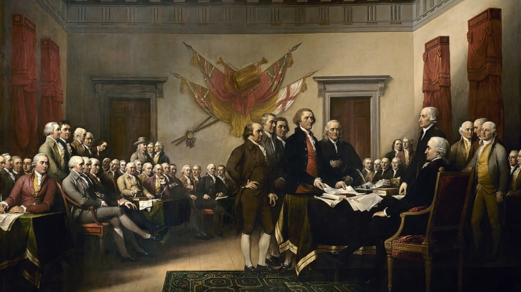 Signing of the Declaration of Independence by John Trumbull, displayed in the United States Capitol Rotunda.