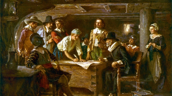 Signing the Mayflower Compact 1620, a painting by Jean Leon Gerome Ferris