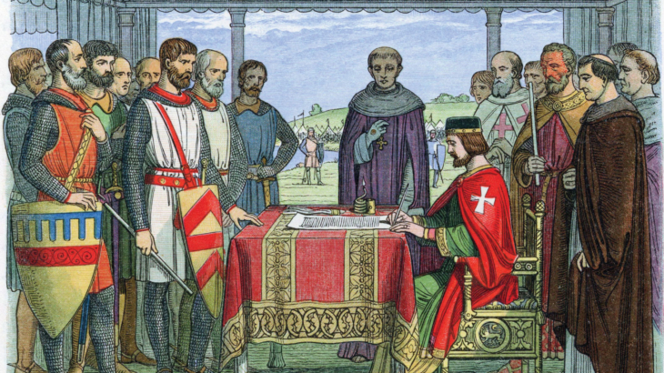 King John signing Magna Carta, 1215. Depicted is a signature, though typically an official seal would be affixed. Illustration by James William Edmund Doyle, 1864.