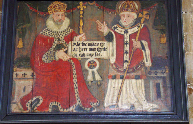 Æthelstan, considered the first king of England, 895-939 AD. A sixteenth-century painting in Beverley Minster in the East Riding of Yorkshire of Æthelstan with Saint John of Beverley