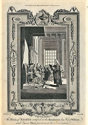 An 18th-century engraving, based on a drawing by Samuel Wale, of the Bill of Rights being presented to William III and Mary II