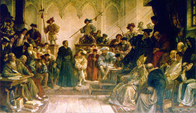 “Martin Luther at the Diet of Worms” (Before Emperor Charles V and the Princes, 17th/18th April 1521). Fresco, 1879/97, by Hermann Wislicenus (1825–1899). Goslar, Kaiserpfalz, Reichssaal, North wall.