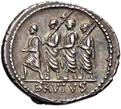 First Roman Consul - Coin - Q. Servilius Caepio (M. Junius) Brutus 54 BC. AR Denarius (20mm, 3.64 g, 6h). Rome mint. Head of Libertas right / The consul L. Junius Brutus walking left between two lictors, each carrying axe over shoulder, and preceded by an accensus. Crawford 433/1; Sydenham 906; Junia 31. Good VF, toned, scrape at top of Libertas’ head, light scratch on her neck.