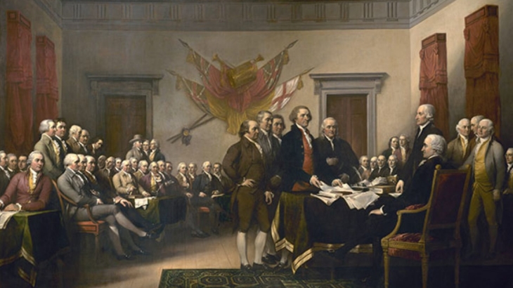 Signing of the Declaration of Independence by John Trumbull, displayed in the United States Capitol Rotunda.