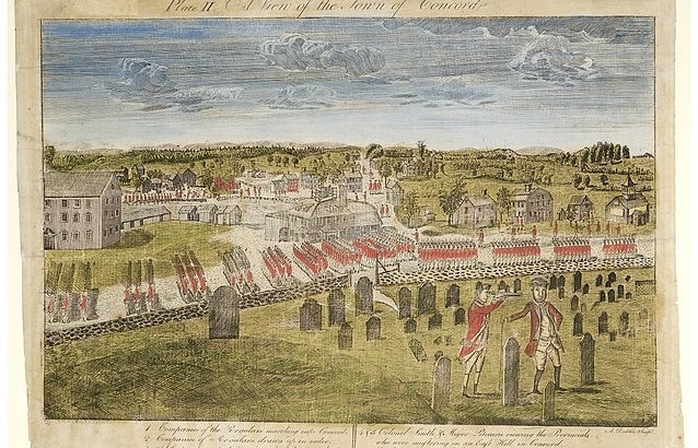 British troops leave Boston, prior to the Battle of Lexington and Concord, April 19, 1775. Engraving by Amos Doolittle. The British Army in Concord, April 19, 1775. "Plate II. A view of the town of Concord." In: "The Doolittle engravings of the battles of Lexington and Concord in 1775." New York Public Library Collection Guide: Picturing America, 1497-1899: Prints, Maps, and Drawings bearing on the New World Discoveries and on the Development of the Territory that is now the United States. Humanities and Social Sciences Library / Print Collection, Miriam and Ira D. Wallach Division of Art, Prints and Photographs.