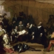 Pilgrims John Carver, William Bradford and Miles Standish at prayer during their voyage to North America. 1844 painting by Robert Walter Weir; open Bible, kneeling in prayer, symbols within the painting of God’s promises.