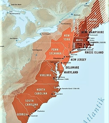 Thirteen colonies in North America: political organization and location of individual colonies. Dark Red = New England Colonies. Bright Red = Middle Atlantic Colonies. Red-brown = Southern Colonies. Color indicated = area of today's states. Richard Zietz