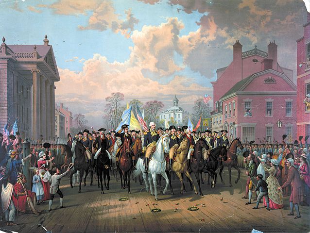 George Washington enters NY City at British evacuation, Nov. 1783 after American Rev. War.