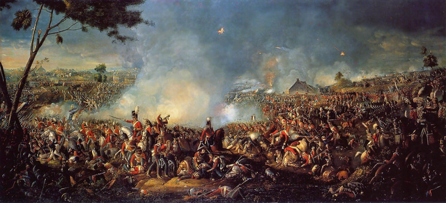 Battle of Waterloo, 1815 ended in the defeat of Napoleon, marked beginning of Pax Britannica, painting by William Sadler.