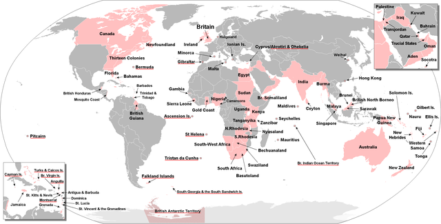 Territories that were at one time or another part of the British Empire; United Kingdom and its accompanying British Overseas Territories underlined in red.