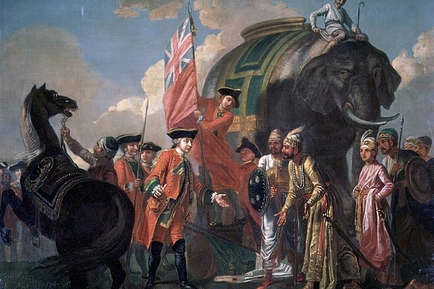 Lord Clive mtg w/ Mir Jafar after Battle of Plassey, 1757, est East India Co as a military & commercial power, considered beginnings of British Empire. Painting by Francis Hayman, circa 1760