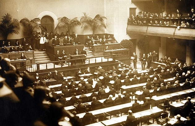 The first meeting of the Assembly, League of Nations, took place on Nov. 15, 1920 at the Salle de la Réformation in Geneva.
