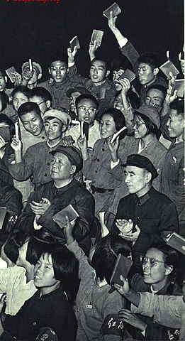 Mao Zedong and Lin Biao surrounded by rallying Red Guards in Beijing, 1966, China Pictorial