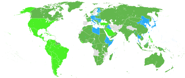 World War II Map, Green/Allies/Allied Countries; Blue/Axis Powers; Gray/Neutral Countries 1939-1945. Photo by Yonghokim, Joaopais