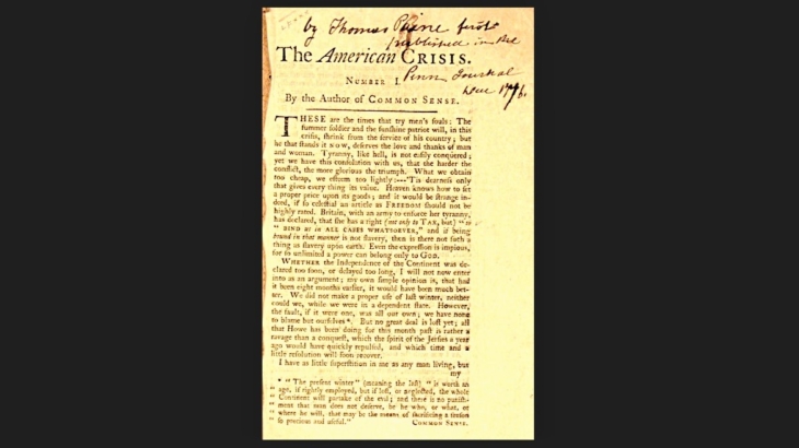 First page of Thomas Paine's pamphlet, The American Crisis, first edition, 1776.