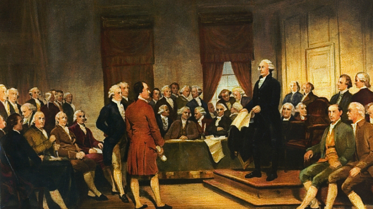 “Washington as Statesman at the Constitutional Convention” a painting depicting George Washington presiding over the Constitutional Convention of 1787, by Junius Brutus Stearns.
