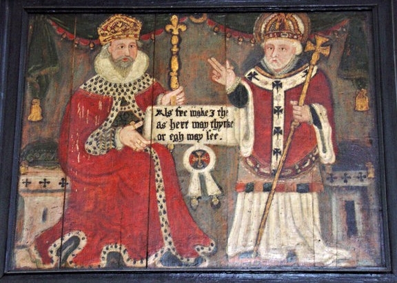 Æthelstan, considered the first king of England, 895-939 AD. A sixteenth-century painting in Beverley Minster in the East Riding of Yorkshire of Æthelstan with Saint John of Beverley