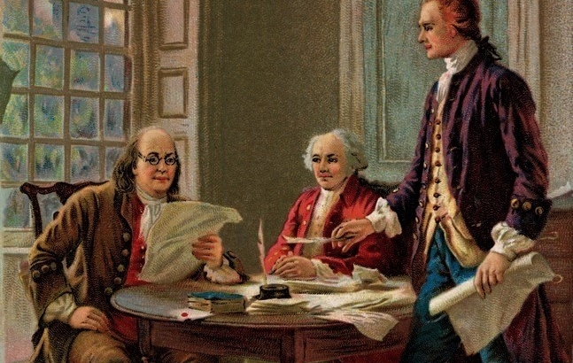 Writing the Declaration of Independence, 1776. Benjamin Franklin, John Adams, and Thomas Jefferson working on the Declaration, a painting by Jean Leon Gerome Ferris, 1900